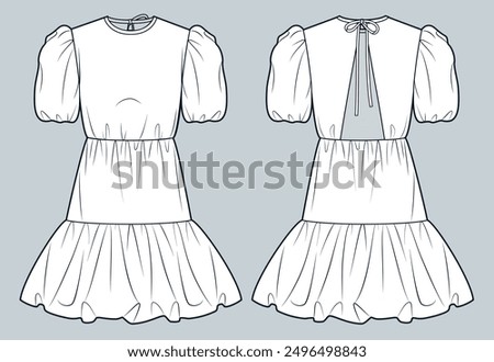 Balloon Dress technical fashion illustration. Tiered Mini Dress fashion flat technical drawing template, draped, ties, front and back view, white, women Dress CAD mockup.