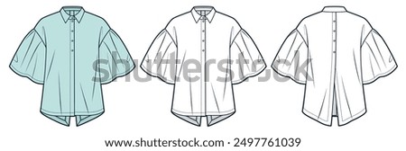 Flared Sleeve Shirt technical fashion Illustration. Blouse fashion technical drawing template, asymmetric bottom, buttons, front, back view, white, blue glass color, women, men, unisex CAD mockup set 