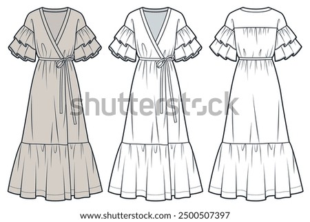 Wrap Long Dress technical fashion illustration. Ruffle Sleeve Dress fashion flat technical drawing template, drawstring waist, tiered, front and back view, white, beige, women CAD mockup set. 