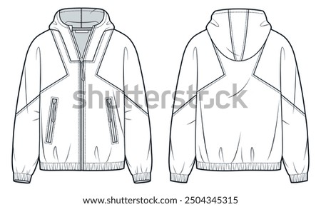 Zipped Jacket technical fashion illustration. Hooded Sweatshirt fashion flat technical drawing template, pockets, oversize, front and back view, white, women, men, unisex Top CAD mockup.