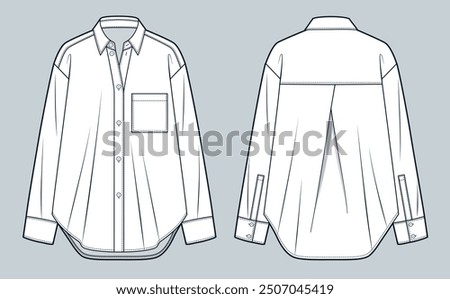 Oversize Shirt technical fashion Illustration. Classic Collar Shirt fashion flat technical drawing template, button, pocket, front and back view, white, women, men, unisex CAD mockup.