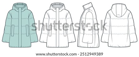 Hooded Down Jacket technical fashion Illustration. Bell Sleeve Jacket fashion flat technical drawing template, pockets, front, side and back view, white, green, women, men, unisex CAD mockup set.