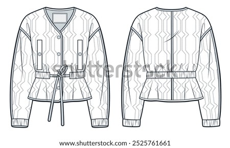 Down Jacket technical fashion Illustration. Padded Quilted Jacket fashion flat technical drawing template, drawstring waist, pocket, buttons, front and back view, white, women, men, unisex CAD mockup.