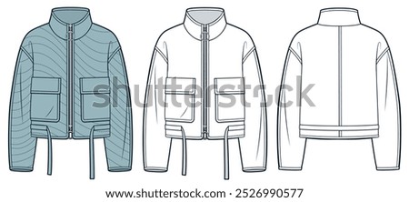 Down Jacket technical fashion Illustration. Light Quilted Jacket fashion flat technical drawing template, drawstring, pockets, zipper, front, back view, white, blue, women, men, unisex CAD mockup set.