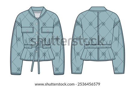 Down Jacket technical fashion Illustration. Light Padded Quilted Jacket fashion design, drawstring waist, pockets, buttons, front and back view, blue, women, men, unisex CAD mockup.