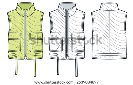 Down Vest Jacket technical fashion Illustration. Sleevless Jacket fashion flat technical drawing template, patch pockets, zipper, front and back view, white, yellow, women, men, unisex CAD mockup set.