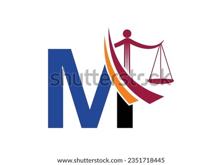 Initial M monogram alphabet with law scale sign symbol. Lawyer And Justice, Law Attorney, Legal,  Law Office, Scale, Logo Template