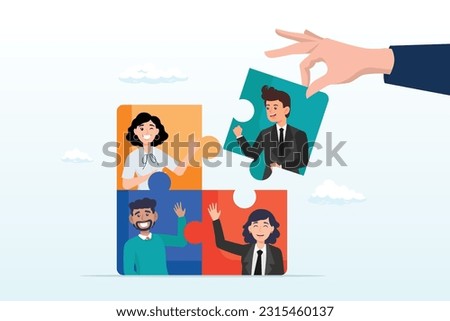 Businessman hand HR put new joiner to connect jigsaw puzzle, new joiner to fill in team and solve problem, teamwork, put right man in the right job to fit job description concept (Vector)