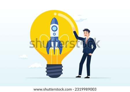 Businessman start up company owner standing with innovative rocket inside light bulb idea, entrepreneurship, setting up new business, motivation to create new business idea, make it success (Vector)