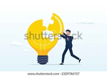 Smart businessman solving light bulb idea puzzle by connecting last jigsaw piece, problem solver, get solution to overcome difficulty, idea, creativity or innovation to fix problem or trouble (Vector)