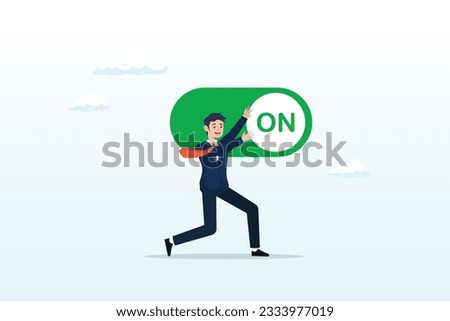 Smart businessman push setting button switch to on position, turn on switch, paradigm shift or change to be better status, start or begin business, setting or preference concept (Vector)
