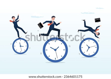 Businessman riding rolling clock face with confidence skillful man in the middle success manage to reach target, time management, work schedule and deadline, productivity and efficiency work (Vector)
