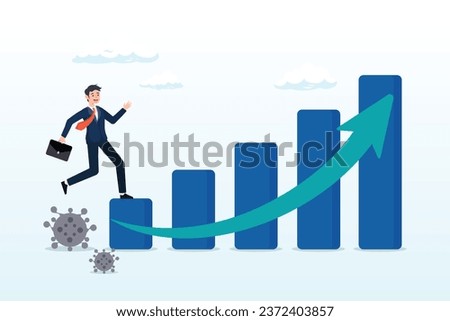 Working businessman investor or company leader walking on Coronavirus pathogen to growing up economic bar graph arrow up, economic recovery after Coronavirus COVID-19 crisis, post pandemic (Vector)
