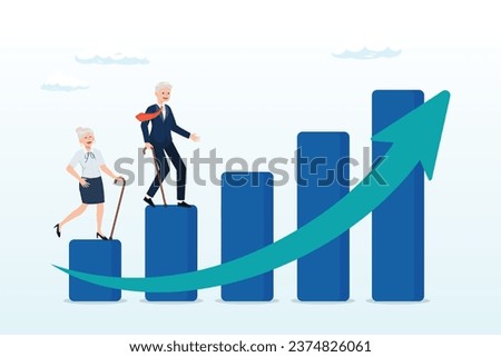 Aging society, world population aging problem, workforce crisis by low birth rate compare to senior elderly, retiree or graph of aged citizen increase, elderly senior couple walk up rising (Vector)