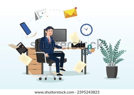 Businessman admin working at office desk administrator or assistant occupation, secretary or accountant professional, receptionist work with answer telephone, schedule calendar (Vector)