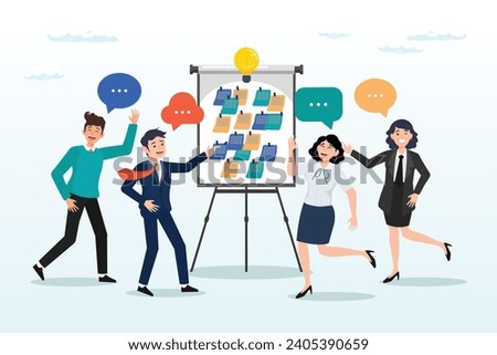 Business people in workshop meeting room with whiteboard and sticky notes, workshop, business discussion, meeting, brainstorm new idea, training course class, Q and A, question and answer (Vector)