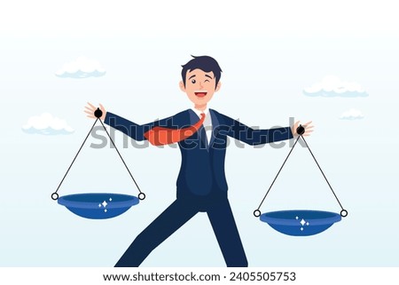 Businessman comparing scale to be equal, fair measuring, comparison advantage and disadvantage, integrity or honest truth, pros and cons or measurement, judge or ethical, decision or balance (Vector)