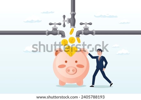 Rich businessman standing with multi cash flow from pipe into wealthy piggy bank, multiple streams of income, passive income or revenue from invest in multi assets, side hustles to make money (Vector)