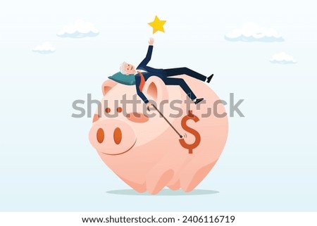 Happy elderly old man relax lay down on wealthy piggy bank pension fund, pension plan for senior retiree, retirement savings fund, IRA, Roth or 401K, wealth management for elderly (Vector)