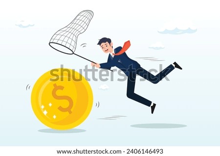 Businessman investor run chasing try to catch high performance attractive dollar coin, chasing high performance active mutual fund, buying rising star stock or funds, catch or grab hot ETFs (Vector)