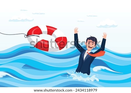 Hopeless businessman drowning in ocean try to grab lifebuoy from safe guard, help in crisis, life saver, rescue or business support, safe and security aid to solve problem, emergency lifebuoy (Vector)