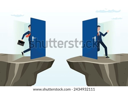 Confidence businessman access shortcut door to cross the gap, shortcut for business success, solution or business opportunity, idea or creativity to solve problem, leadership determination (Vector)