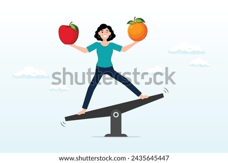 Business woman compare orange and apple while balance on seesaw, comparison, decision to choose alternative choices, doubt or thoughtful compare good and bad things for best result, options (Vector)