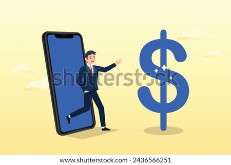 Confidence salesman standing with phone connected to money dollar sign, phone marketing or sales, phone call for selling product or business deal via phone call, insurance agent (Vector)