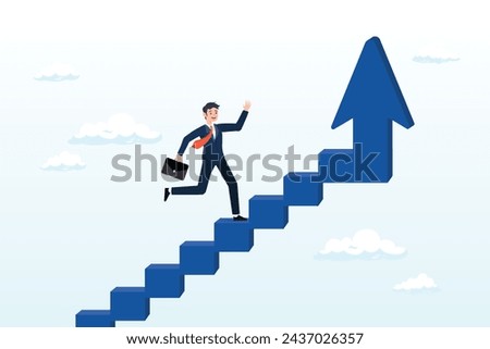 Confidence businessman step walking up stair of success with rising up arrow, improvement or career growth, stairway to success, growing income or improve skill to achieve business target (Vector)