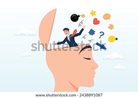 Ambitious businessman declutter, clean and clear all messy anxiety from his big head , declutter your mind, clear your brain to regain focus improve creative thinking ability, free up memory (Vector)