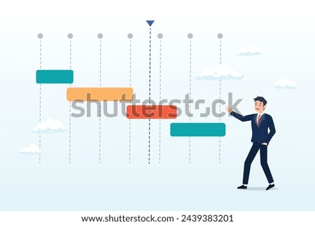 Businessman project manager review project timeline gantt chart, project timeline or schedule, planning for resource on working tasks, development plan, deadline to launch product, workflow (Vector)