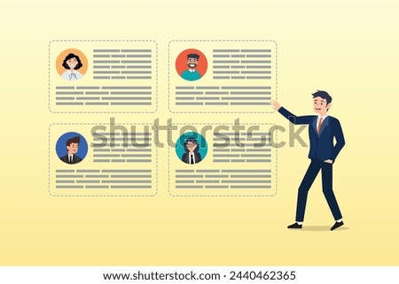 Businessman CEO reorganise employee role chart, reorganisation or reorg to adjust, allocate resources, change team structure for efficiency, restructure organization, department and job roles (Vector)