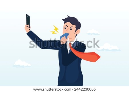 Businessman blowing whistle showing red card to ban or stop wrong, corruption employee, business banned, violation or break the rule, penalty, judge or punishment cause of failure or problem (Vector)