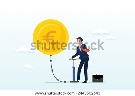 Businessman inflate air pump into floating Euro money coin, inflation in Europe causing by energy shortage, interest rate policy to reduce inflation, Euro recession or money devaluation (Vector)
