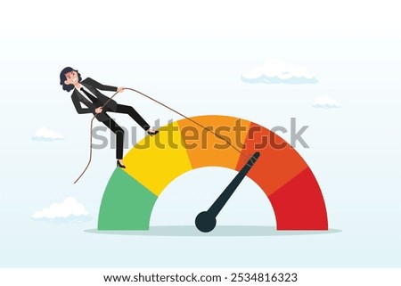 Reduce risk level or decrease stress anxiety meter, lower danger indicator or scale, reduce from red alert meter to be green chart concept, businesswoman pull meter to reduce risk or stress level