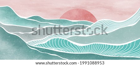 Creative minimalist modern paint and line art print. Abstract ocean wave and mountain contemporary aesthetic backgrounds landscapes. with sea, skyline, wave. vector illustrations