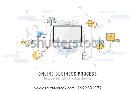 Online business process illustration: global e-commerce progress from contract to delivery.