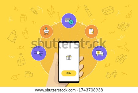 steps of online shopping illustration: hand holding smartphone, mobile eCommerce, hand drawing of shopping items on yellow background