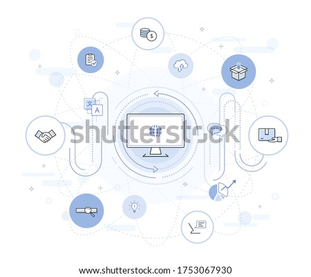 global online business vector illustration: e commerce process cycle infographic with business icons