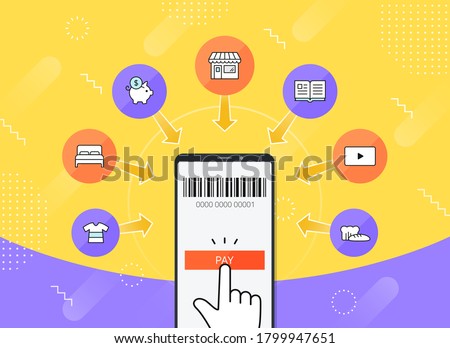 Online shopping platform vector illustration: offline to online service, mobile in retail, mobile eCommerce platform. 