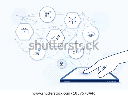 e-commerce business network illustration: digital economy concept, e business network with icons, online education platform. Finger tapping touch screen of tablet PC, side view of hand