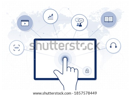 Online business platform with icons illustration: finger touching screen on tablet, e learning training, global e-commerce market, social network connection on world map background
