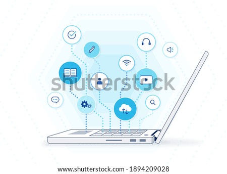 Online education illustration: e-learning platform, distance learning solutions, education icons, laptop computer side view
