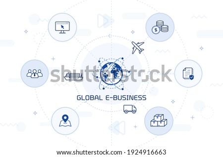global e-business vector illustration: digital economy concept. world network with business icons. e commerce platform, online shopping business process. 
