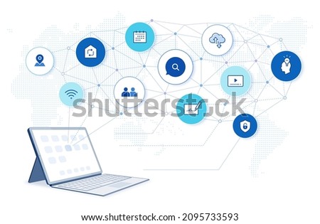 digital network connection illustration: internet of things, seo, online education platform, tablet pc side view, world map background