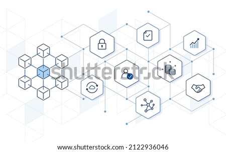 Blockchain technology with icons. how blockchain works. abstract hexagon background.