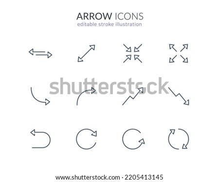 arrow icon set: straight, curved, cycle, double reverse, refresh, direction thin line arrows. editable stroke vector illustration