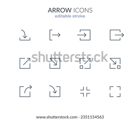 arrow icons with square. download, import, export, shrink, expand line arrows. editable stroke vector illustration