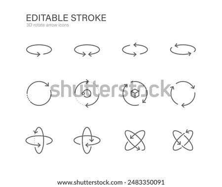 rotate 3d arrow icon set. editable stroke 360 degree view arrow icons