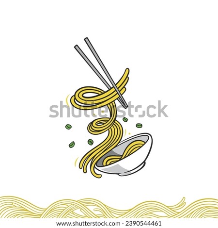 Illustration  Delicious noodles in bowl, asian chopstick noodles 